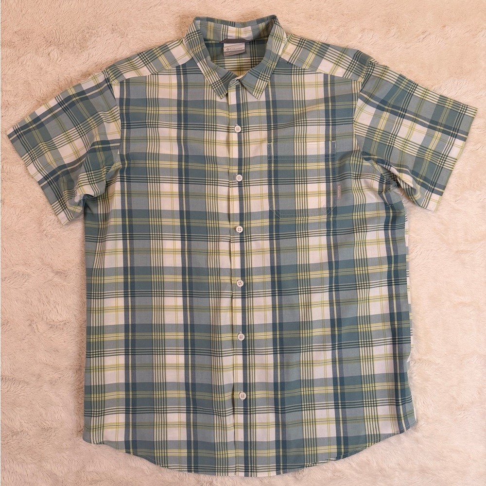 Columbia Thompson Hill II Plaid SS Button Down Shirt Large Blue Green Cotton